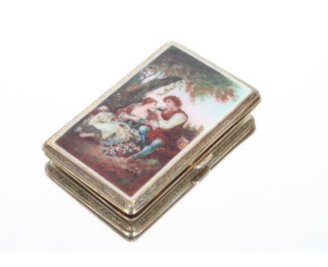 A small continental, silver gilt cigarette case, lid decorated with scene of romantic couple, engine turned decoration to the