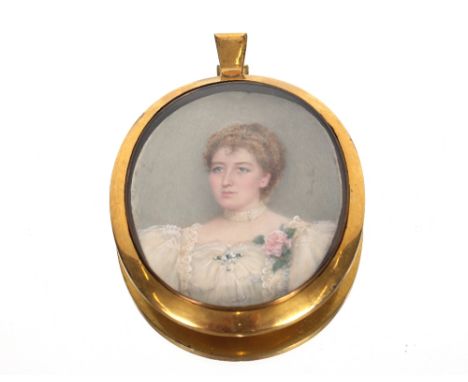 A Victorian portrait miniature of a young woman wearing a lace dress with pearl choker and flowers indistinctly inscribed.  C