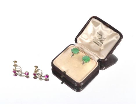 A pair of 9ct white gold and jade ear-rings approx. 2.5gms and a pair of white metal, diamond and ruby coloured drop ear-ring