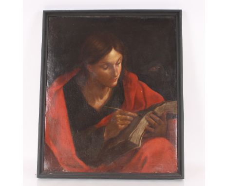 After Guido Reni, an old master type portrait of St John the Evangelist, writing his Gospel with eagle's head in the backgrou