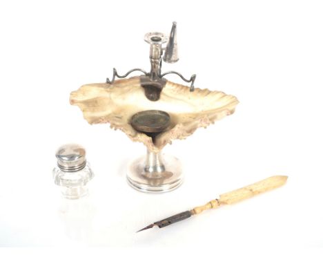 An early Victorian shell and silver mounted desk stand, having integral candle holder and snuffer, maker Thomas Diller, 1838 