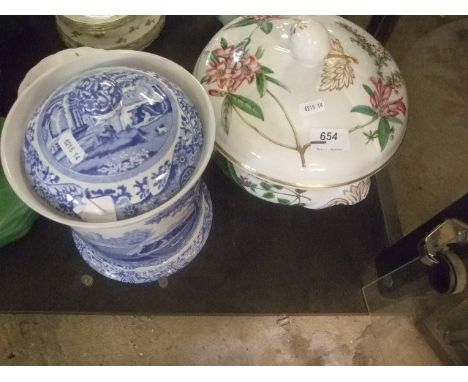 1 SPODE BLUE AND WHITE LIDDED JAR AND 1 SPODE FLORAL LID POT 