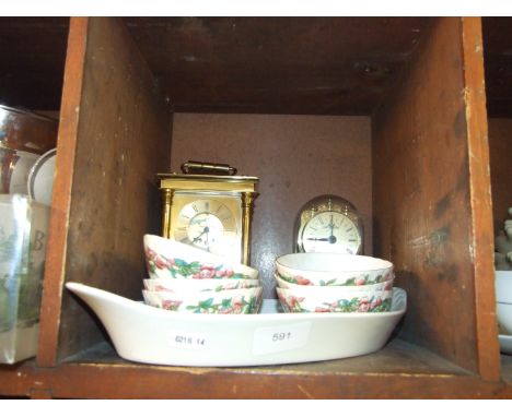2 X CARRIAGE CLOCK AND 6 ROSE PATTERNED BOWLS 