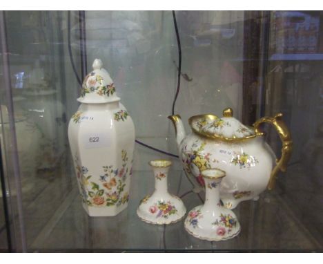 'HAMMERSLEY' CANDLE HOLDERS, TEA POT AND LIDDED POTS WITH FLOWER PATTERN 