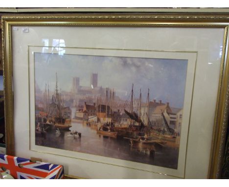 LARGE PRINT OF HARBOUR SCENE IN 1858 BY CARMICHAEL 110CM X 86 CM 