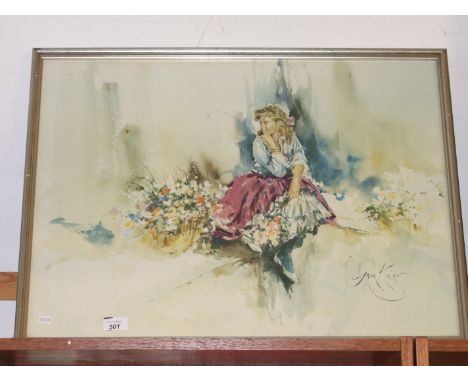 PRINT OF YOUNG LADY WITH FLOWERS 