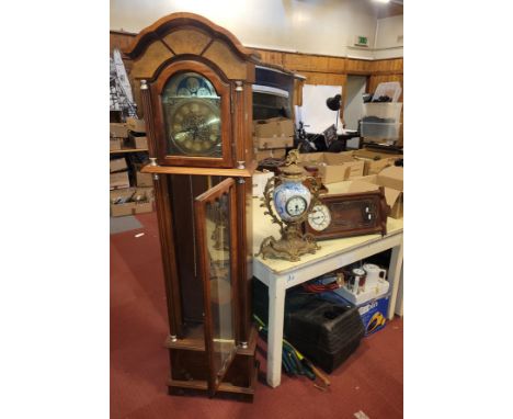 A 20th century French gilt and porcelain mantel clock with an eight day movement striking on bell, H-57cm, together with a Vi