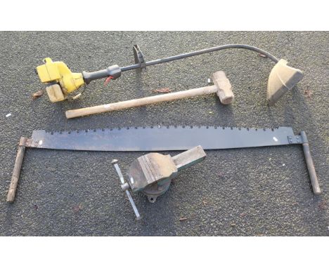 McCulloch TrimMac 240v grass strimmer, large logging hand saw, a lump hammer and a heavy bench vice.