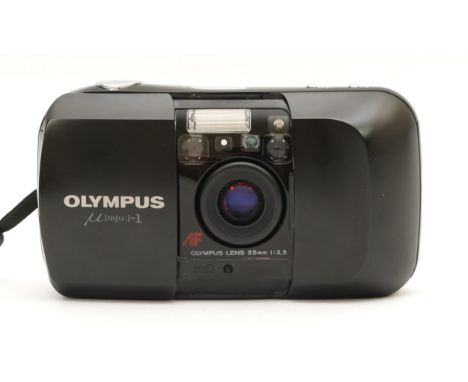 An Olympus Mju I 35mm compact camera, cased with wrist strap, serial no. 5148464.