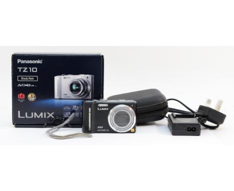 A Panasonic Lumix DMC-TZ10 digital camera, with an in-built Leica lens and in the original box.