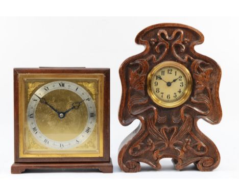 Asprey, an Elliott mahogany cased mantel clock, signed, presentation plaque dated 1974, 20 x 19cm, together with a carved oak