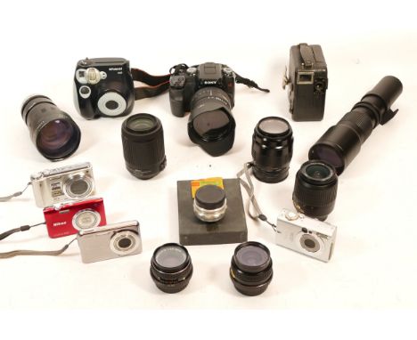 A collection of cameras and camera accessories, comprising of digital and film, to include, Sony Super Steadyshot a100, Casio
