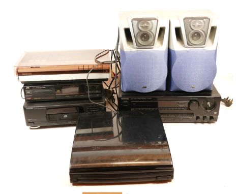 A 1970s Dolby HiFi, model no. N2520, together with a pair of JVC speakers, no. SP-MXJ300E, a JVS XL-E3 compact disc player, a