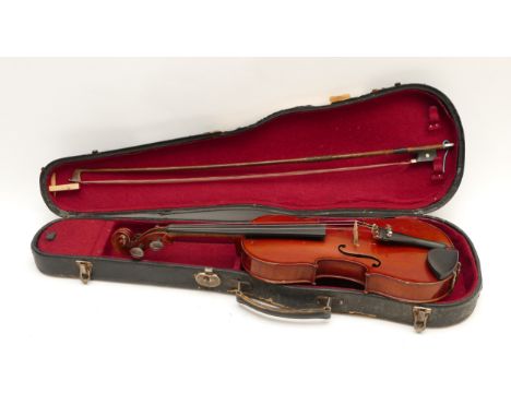 A 3/4 violin, unlabelled with 13 inch back length, complete with case and bow, bow inlaid with Mother of Pearl, together with