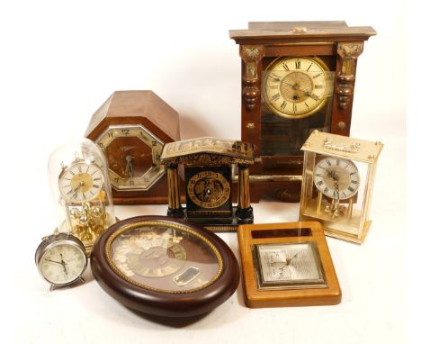 A collection of mid 20th century and later mantel clocks, having manual wind and quartz movements, in three boxes. (3)