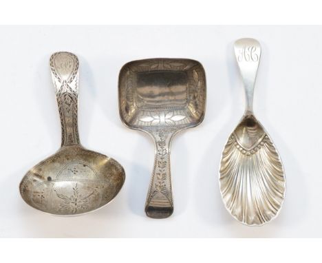 A silver bright cut caddy spoon, Birmingham 1787, together with another bright cut caddy spoon, London, 1796 (bowl dinted), a