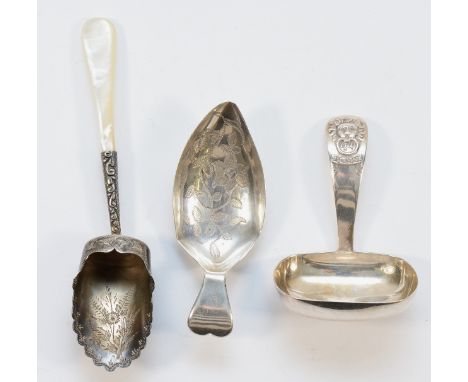 A silver caddy spoon, embossed with Durham cathedrals sanctuary knocker, Sheffield 1913, together with a bright cut bowl cadd