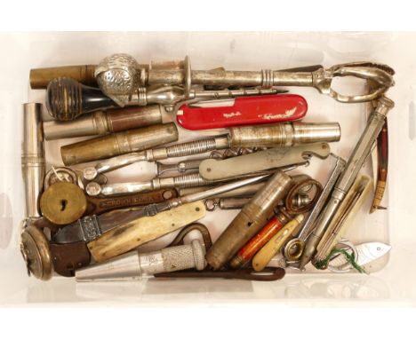 A collection of collectables, to include vintage/ antique silver handled button hook, a vets fleam, penknives, corkscrews and