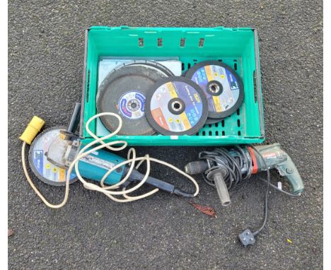 Makita 110v 180mm disc grinder, to include a quantity of stone and metal cutting discs, and a Metabo UHE 22 multi 240v drill.