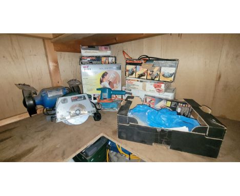 A large collection of power tools, including Earlex paper stripper, contents of black tray box, Black and decker stapler, pla