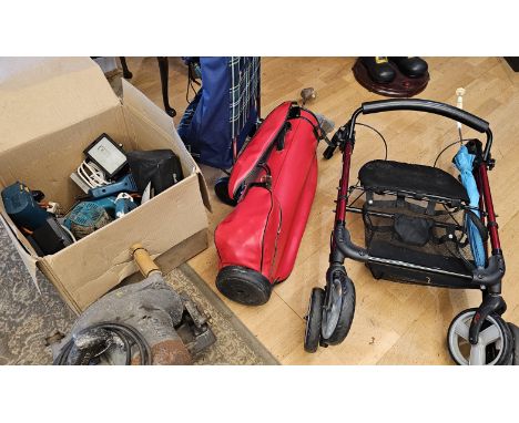 A collection of Bosch 240v power tools, a set of golf clubs and two trolleys