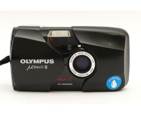 An Olympus Mju II 35mm compact camera, cased with wrist strap, serial no. 7996075.