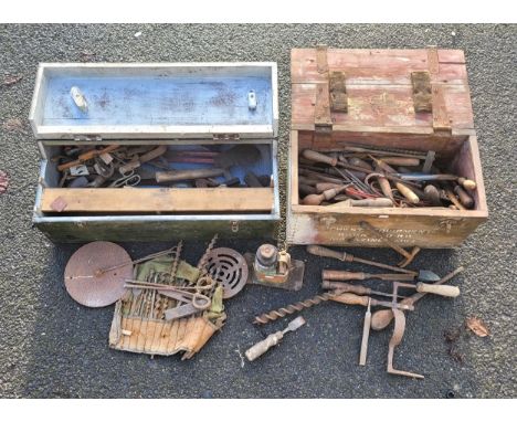 A small wooden tool box containing a selection of hand tools to include screwdrivers, files and pliers, a car jack (without h