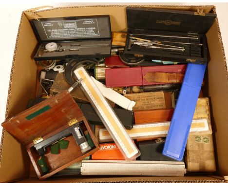 A box of measuring and marking tools