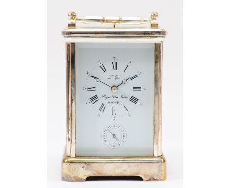 L'Epee, a silver plated Royal Silver Jubilee alarm, repeater and striking carriage clock, striking the half and hours on a go