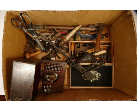 A box of mixed good quality tools, including cobblers and rug making equipment