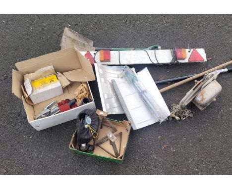 A large manual chain hoist, together with axle stands, two snow shovels, two garden shovels, trailer lighting board, folding 