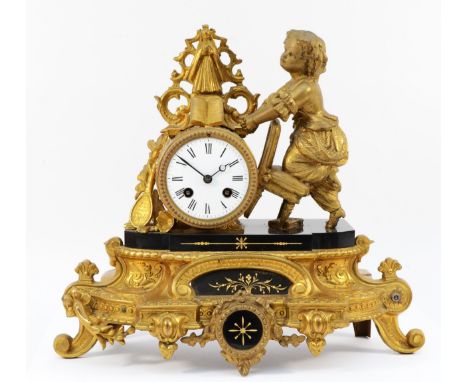 A 19th century French gilt metal mantel clock, with child with chair supporting the clock, bell, no pendulum, 34 x 33cm