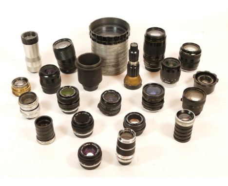 A collection of camera lenses, to include, Nikon Nikkor AF f/4-5.6 35-80mm, Asahi Pentax-M f/2 50mm, Olympus Zuiko f/1.8 50mm