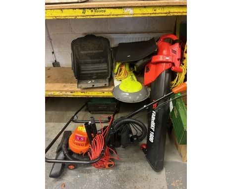A collection of electrical garden tools to include, Power Devil Fairway 1600 leaf blower, Garden Groom hedge trimmer, Qualcas