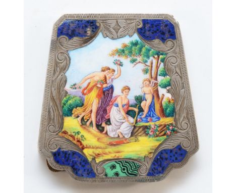 An Austrian 800 standard silver and enamel compact, 800 and makers marks, depicting The Three Graces Distressing Cupid, after