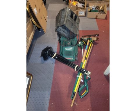 A collection of garden tools to include, Qualcast Turbo 30 240v lawnmower with collection tray, LWA 96DB battery lawn strimme