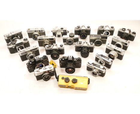 A collection of cameras, to include, Minolta Weathermatic A, Praktica Super TL, Minolta Autopak 550 and Fujica ST705.