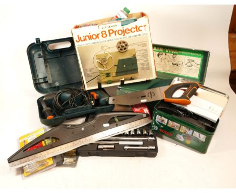 A Black and Decker 700w 240v hand drill, Bosch Xeo auto sharp cutter, Draper socket set, Magnussan hand saw, spirit level and