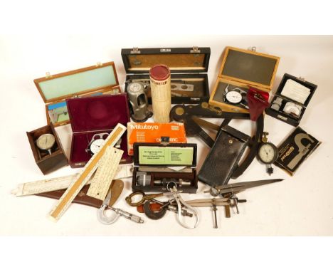 A box of measuring and marking tools