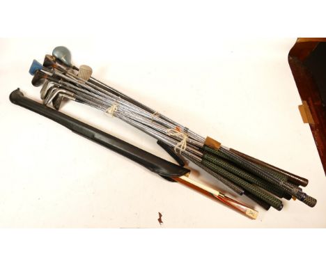 A collection of golf clubs and woods to include Chevron, two sets of darts and three snooker cues to include Riley and Elite.