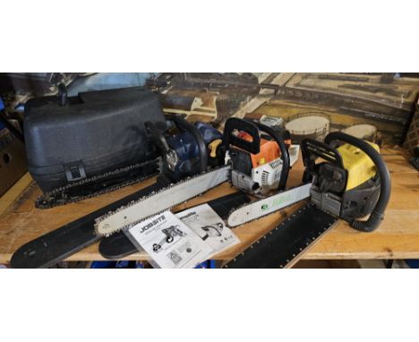 A Homelite HCS335 petrol chainsaw, 16" bar, case, a Jobsite CT4845 chainsaw 19" bar and a McCulloch chainsaw, 14" bar (3)