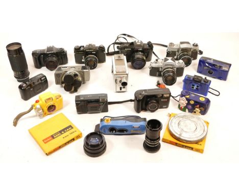 A collection of cameras, to include novelty instant cameras, an Olympus OM 101z, OM 707, Yashica 8-E III and Kodak Brownie Mo