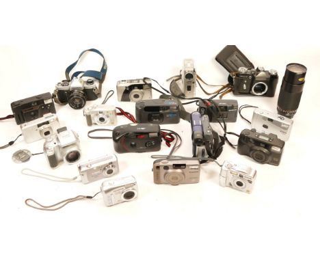 A collection of cameras and camera accessories, comprising of digital, film and video, to include, Minolta 160 Riva Zoom, JVC