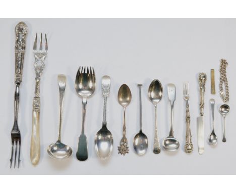 A George III silver toddy ladle, London 1799, a Victorian silver and mother of pearl pickle fork, Birmingham 1862 and other f
