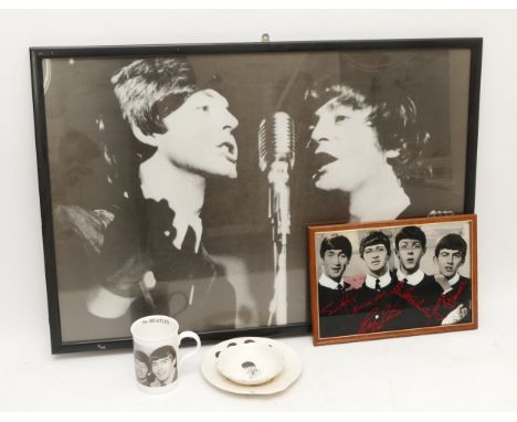 The Beatles memorabilia; To include a framed print of Paul Mccarthy and John Lennon, 67x52cm, a framed mirrored picture beari