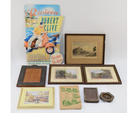 A pictorial 3D showcard 'Riviera Robert Clive, depicting a gentleman on a scooter, together with a selection of frames and pr
