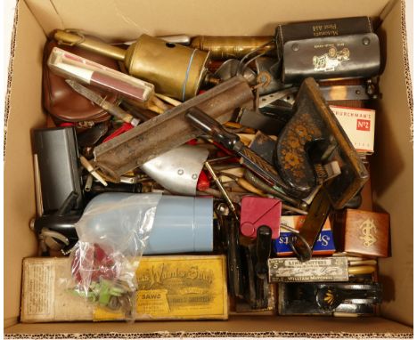 A box of vintage and collectable items, including clockwork spit, boxed ice skate blades  and a soda syphon