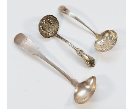 A silver toddy ladle, Dublin 1813, engraved M, together with a silver sugar sifter spoon, Birmingham 1988, and another silver