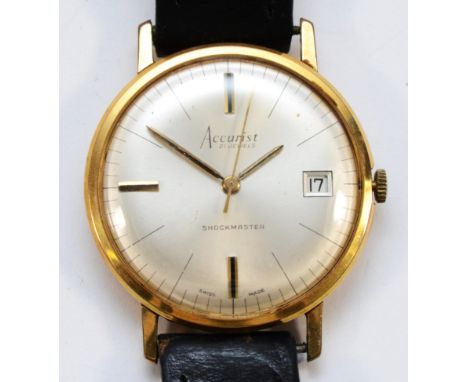 Accurist, a gold plated manual wind date gentleman's wristwatch, 17 jewel movement, 33mm, case.Working when catalogued