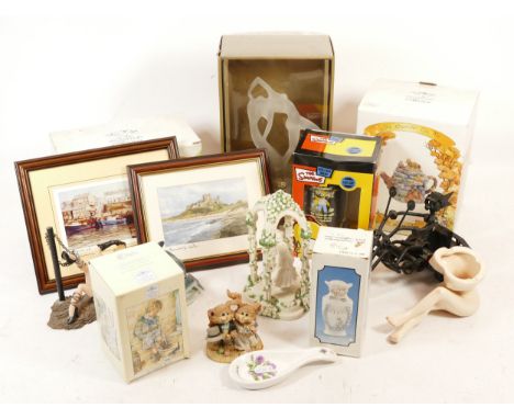 Two boxes of collectables to include two Leonardo Collection teapots, a Bart Simpson tankard and socks, a green coloured onyx